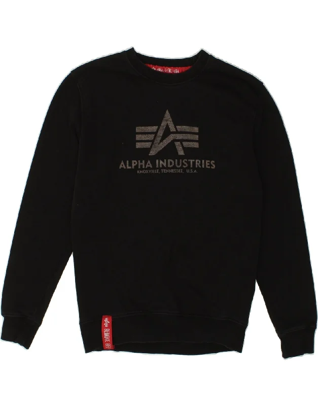 ALPHA INDUSTRIES Mens Graphic Sweatshirt Jumper Medium Black Cotton Hoodie with Typography Text Message