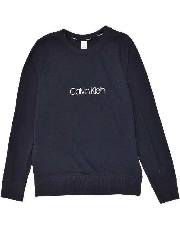 CALVIN KLEIN Mens Graphic Sweatshirt Jumper Medium Navy Blue Cotton Hoodie with Hem Patch Decorative Personalized