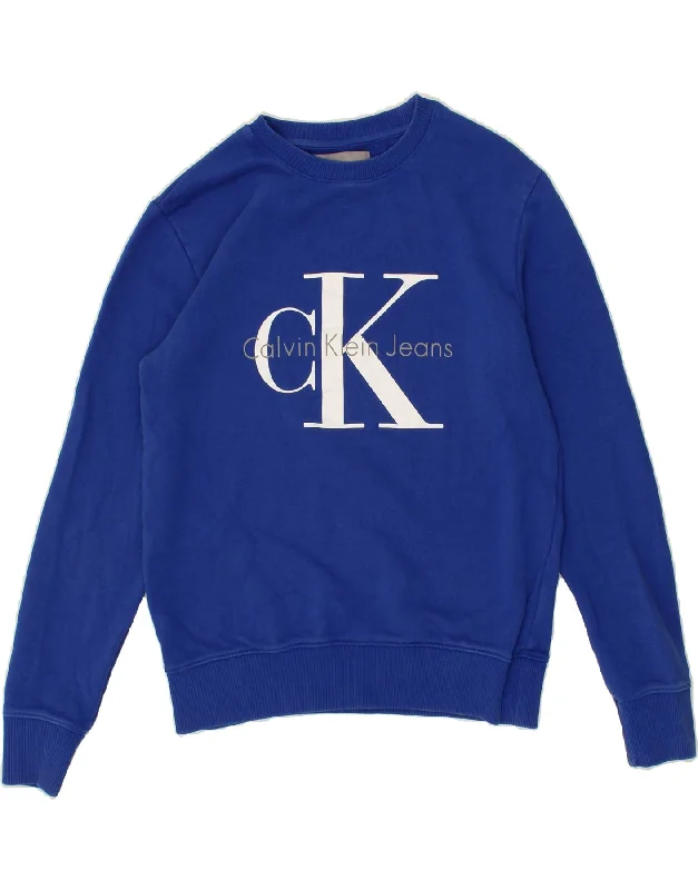 CALVIN KLEIN Womens Graphic Sweatshirt Jumper UK 10 Small Blue Cotton Hoodie with Raw Hem Edgy Unfinished