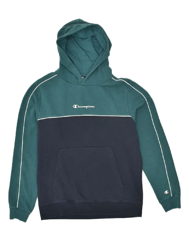 CHAMPION Boys Graphic Hoodie Jumper 15-16 Years 2XL Green Colourblock Hoodie with Hem Contrast Bold Stylish