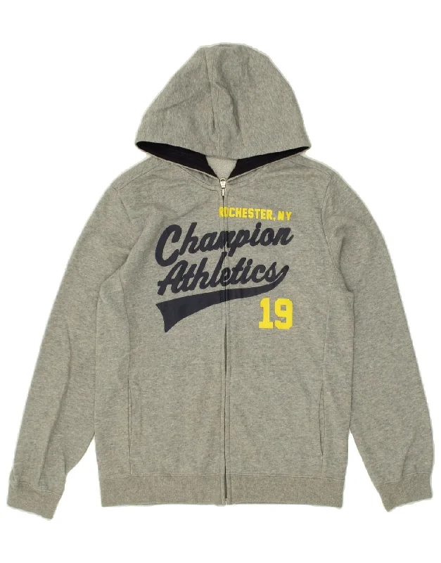 CHAMPION Boys Graphic Zip Hoodie Sweater 11-12 Years Large Grey Hoodie with Fur Luxurious Winter