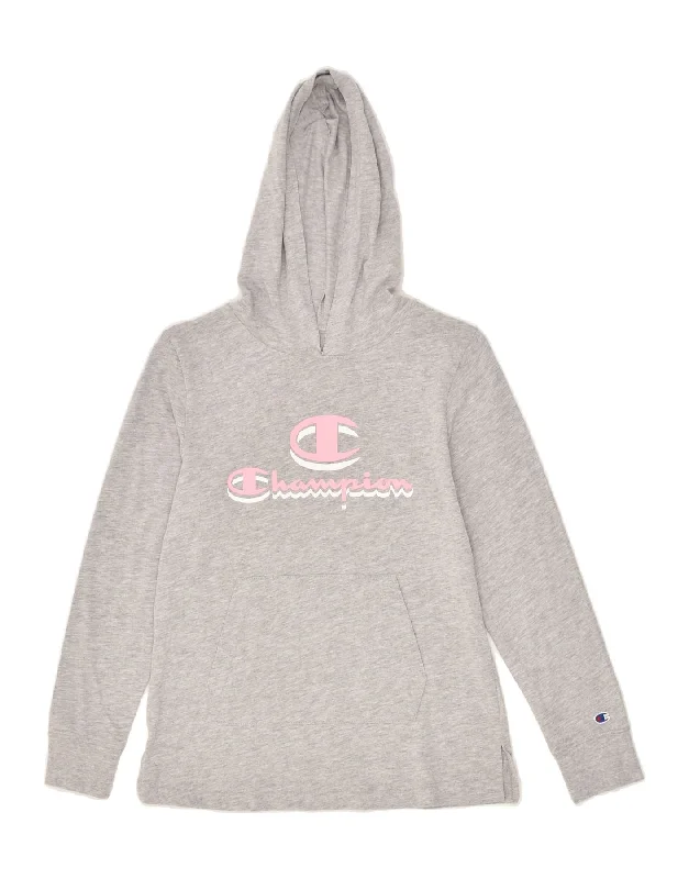 CHAMPION Girls Graphic Hoodie Jumper 13-14 Years XL Grey Cotton Hoodie with Hidden Zipper Minimalist Clean