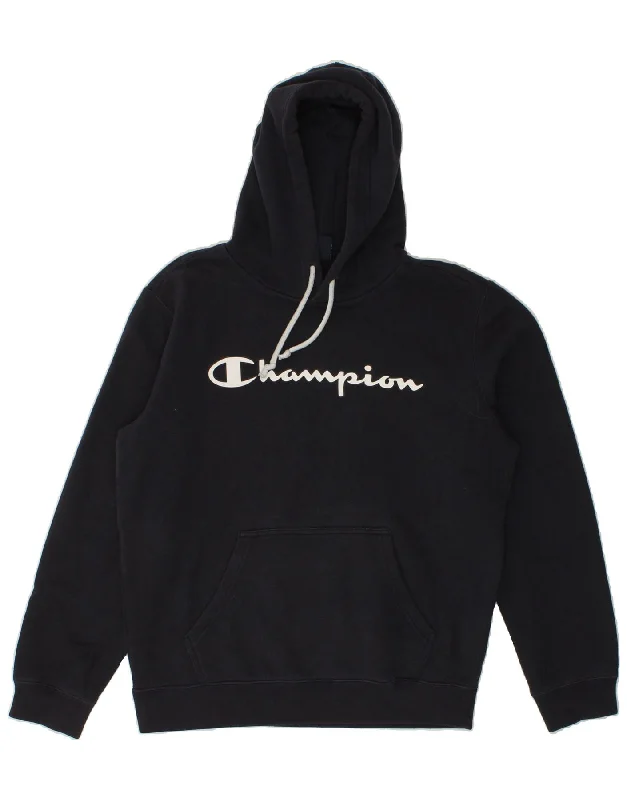 CHAMPION Mens Graphic Hoodie Jumper Large Navy Blue Cotton Hoodie with Camouflage Military Edgy