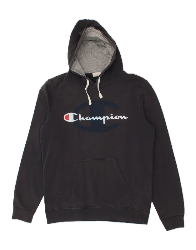 CHAMPION Mens Graphic Hoodie Jumper Medium Grey Hoodie with Thumb Holes Functional Cozy