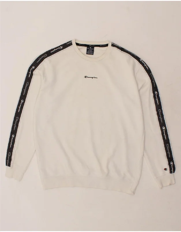 CHAMPION Mens Graphic Sweatshirt Jumper Large White Cotton Hoodie with Tied Waist Feminine Flattering