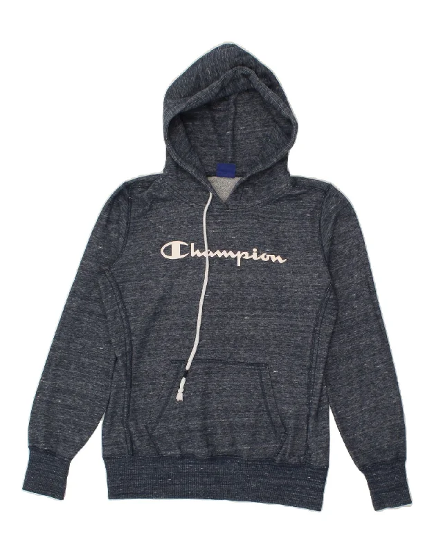 CHAMPION Womens Graphic Hoodie Jumper UK 16 Large Navy Blue Pinstripe Hoodie with Metallic Shiny Futuristic