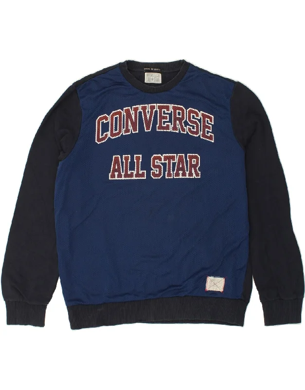 CONVERSE Mens Graphic Sweatshirt Jumper Large Navy Blue Colourblock Hoodie with High-Low Hem Asymmetrical Trendy