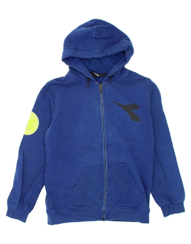 DIADORA Boys Graphic Zip Hoodie Sweater 11-12 Years Blue Cotton Hoodie with Metallic Shiny Futuristic