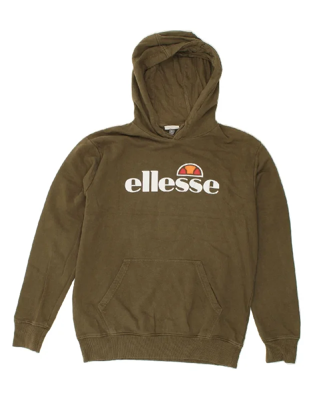 ELLESSE Mens Graphic Hoodie Jumper Small Khaki Cotton Hoodie with Longline Fit Extended Stylish