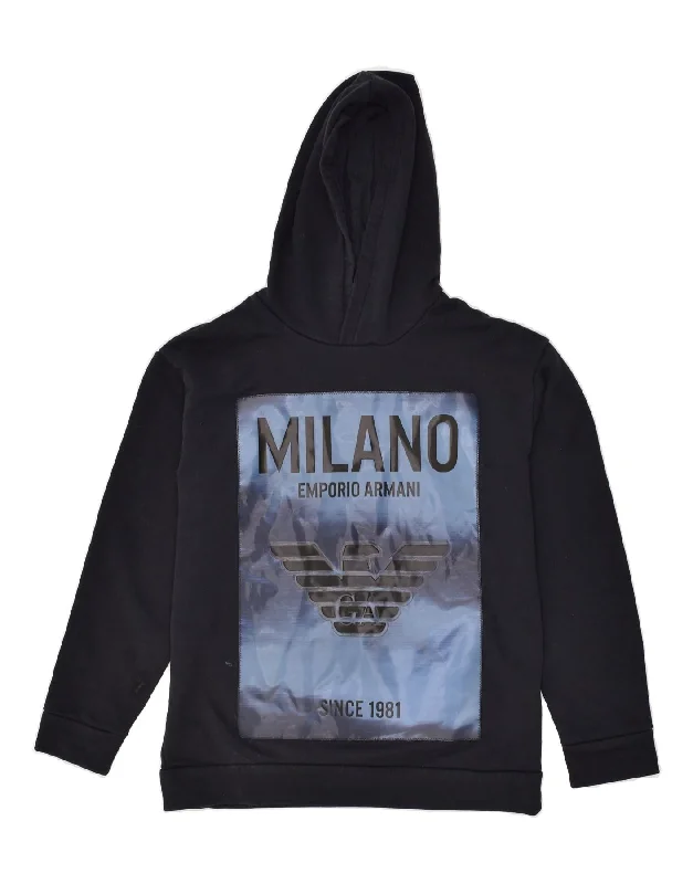 EMPORIO ARMANI Boys Milano Graphic Hoodie Jumper 13-14 Years Black Cotton Hoodie with Puffed Sleeves Voluminous Trendy