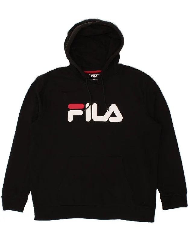 FILA Mens Graphic Hoodie Jumper 2XL Black Cotton Hoodie with Hem Embroidery Detailed Premium