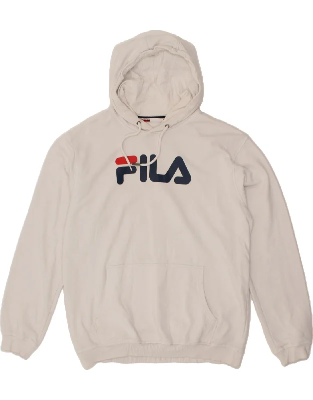 FILA Mens Graphic Hoodie Jumper XL White Cotton Hoodie with Hem Detail Decorative Unique