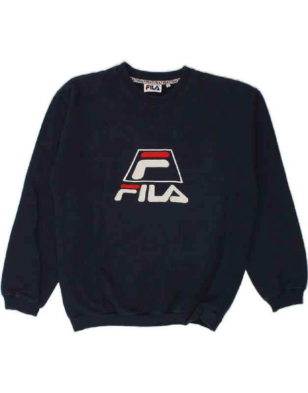 FILA Mens Graphic Sweatshirt Jumper Large Navy Blue Cotton Hoodie with Thumb Holes Functional Cozy