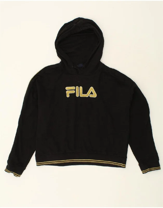 FILA Womens Oversized Graphic Hoodie Jumper UK 16 Large Black Cotton Hoodie with Exposed Zipper Edgy Industrial