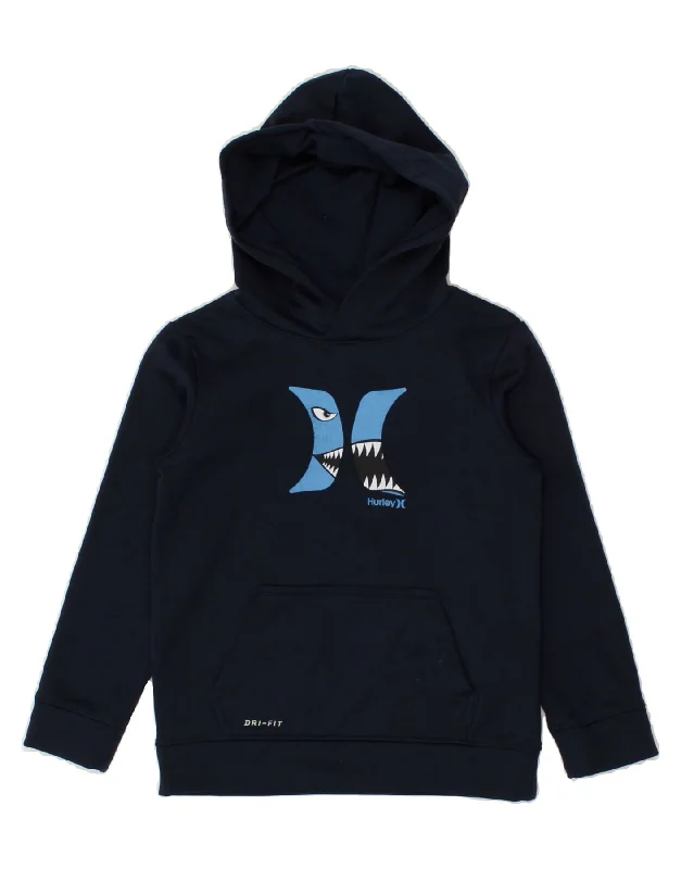 HURLEY Boys Dri Fit Graphic Hoodie Jumper 7-8 Years Large  Navy Blue Hoodie with Stripes Bold Sporty