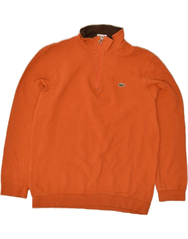 LACOSTE Mens Zip Neck Sweatshirt Jumper Size 3 Small Orange Cotton Zip Hoodie Drawstring Kangaroo Pocket