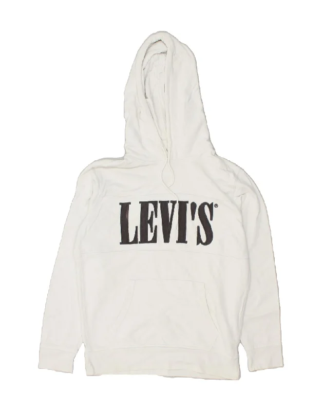 LEVI'S Mens Graphic Hoodie Jumper Small White Cotton Hoodie with Hem Applique Textured Unique