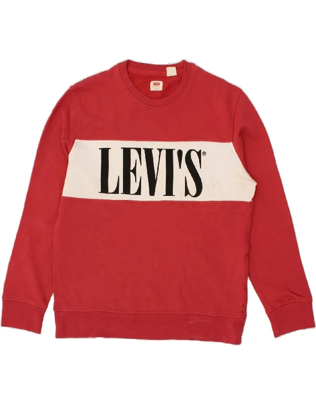 LEVI'S Mens Graphic Sweatshirt Jumper Small Red Colourblock Cotton Hoodie with Metallic Shiny Futuristic