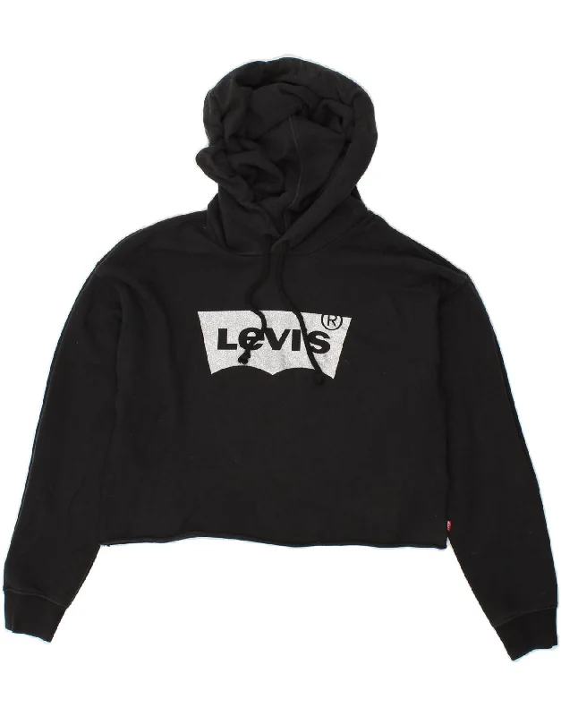 LEVI'S Womens Crop Hoodie Jumper UK 6 XS Black Cotton Hoodie with Hem Frayed Vintage Worn