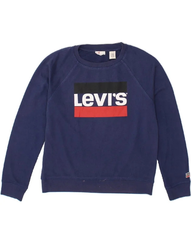 LEVI'S Womens Graphic Sweatshirt Jumper UK 14 Medium Navy Blue Cotton Hoodie with Emblem Brand Identity