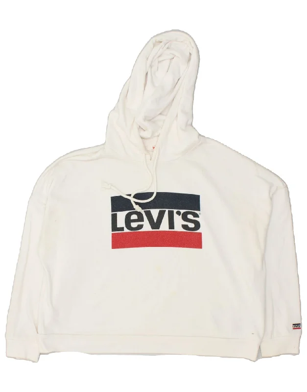 LEVI'S Womens Oversized Crop Graphic Hoodie Jumper UK 14 Medium White Hoodie with Lace Feminine Delicate