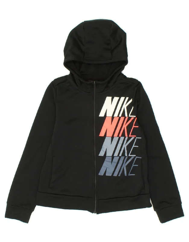 NIKE Boys Dri Fit Graphic Zip Hoodie Sweater 10-11 Years Medium Black Hoodie with Contrast Stitching Detailed Premium