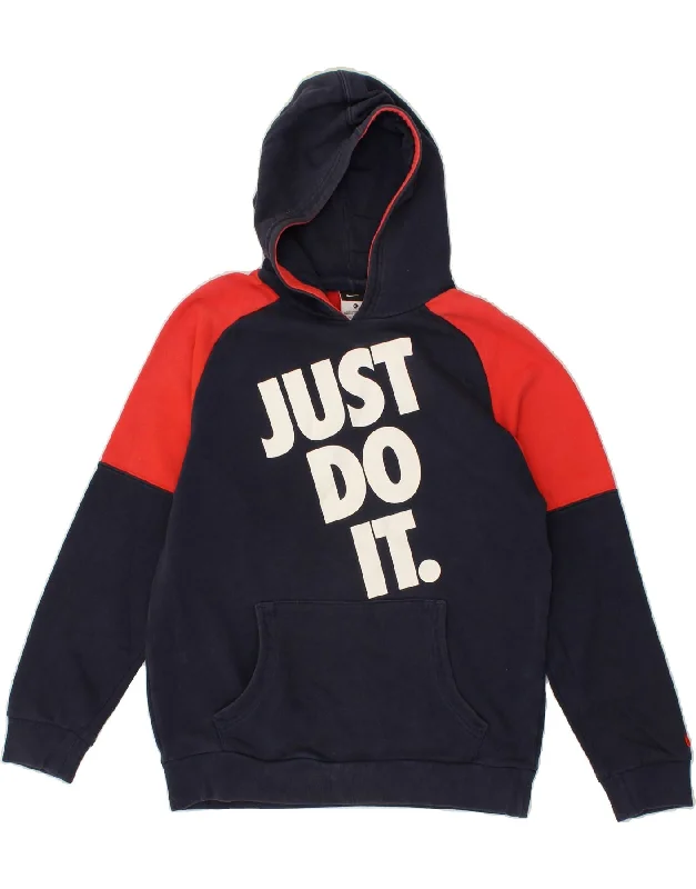 NIKE Boys Graphic Hoodie Jumper 13-14 Years XL Navy Blue Colourblock Hoodie with Hem Frayed Vintage Worn