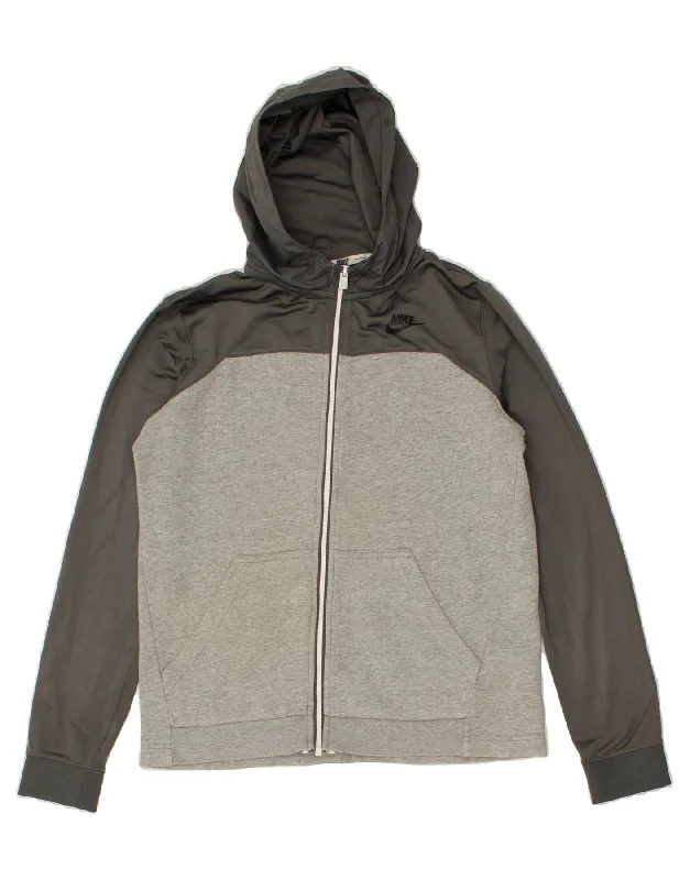 NIKE Boys Zip Hoodie Sweater 13-14 Years XL Grey Colourblock Polyester Hoodie with Drawstring Waist Adjustable Fitted