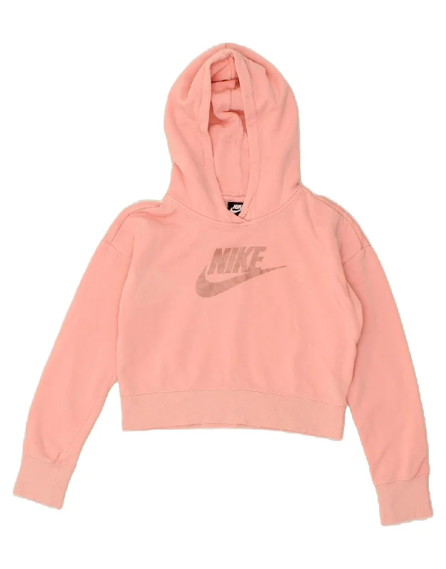 NIKE Girls Crop Graphic Hoodie Jumper 12-13 Years Large Pink Cotton Hoodie with Hem Patch Decorative Personalized