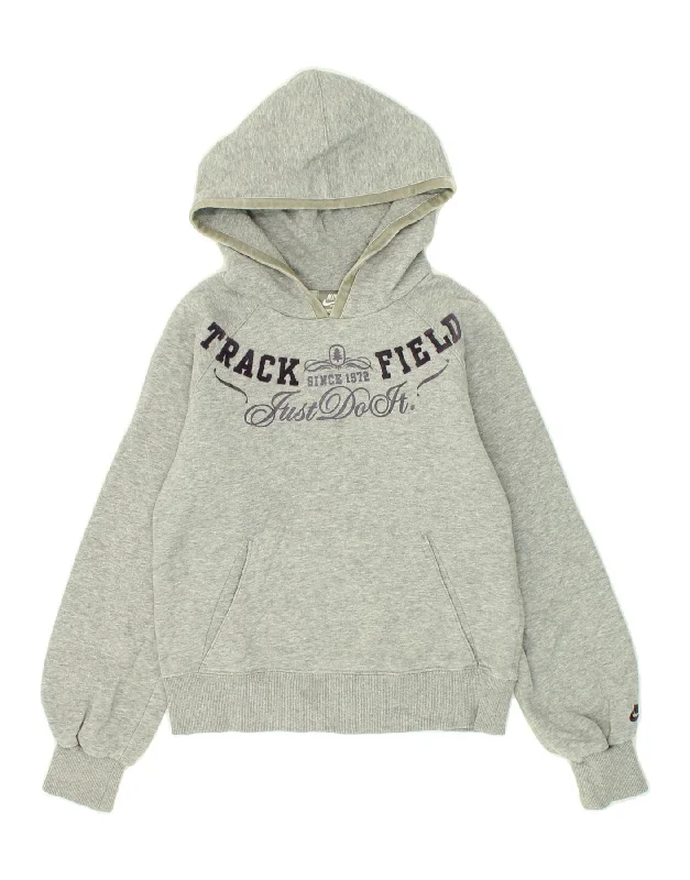 NIKE Girls Graphic Hoodie Jumper 10-11 Years Medium Grey Cotton Hoodie with Frayed Bohemian Relaxed