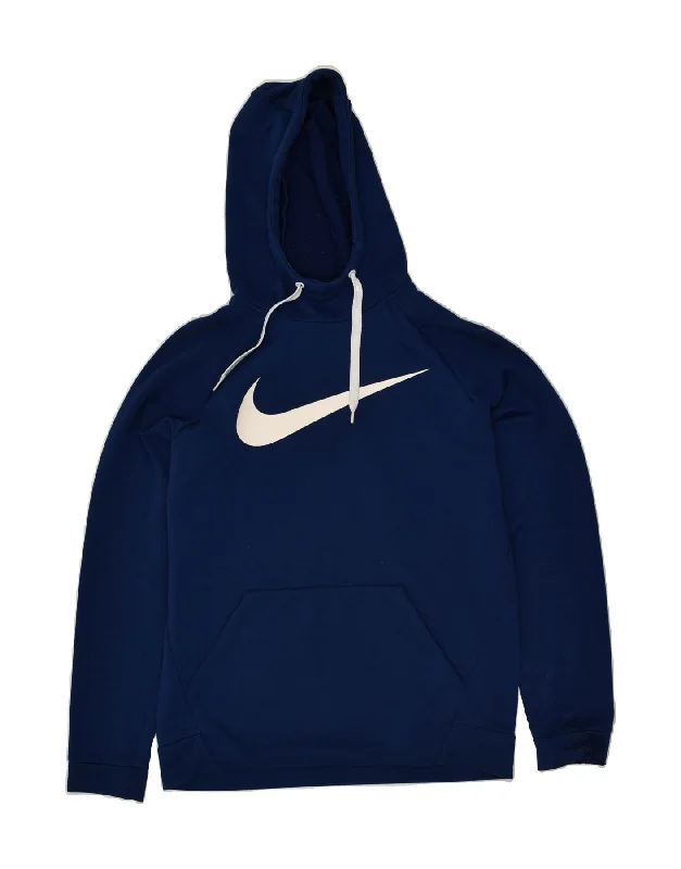 NIKE Mens Graphic Hoodie Jumper Medium Navy Blue Polyester Hoodie with Mock Neck Collared Structured