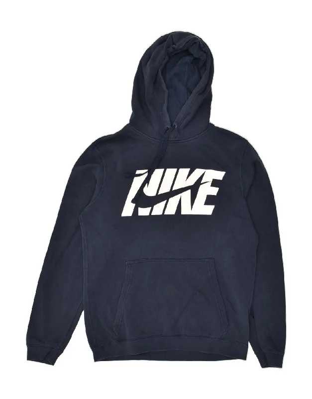 NIKE Mens Graphic Hoodie Jumper Small Navy Blue Cotton Hoodie with Puffed Sleeves Voluminous Trendy