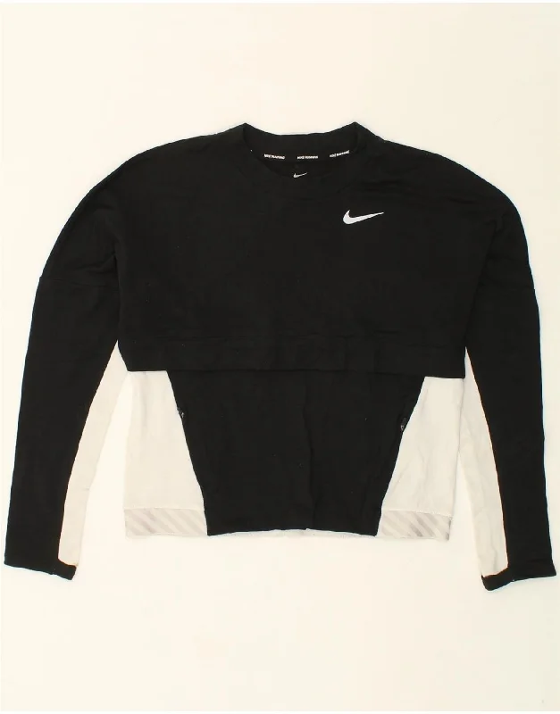 NIKE Womens Dri Fit Oversized Crop Sweatshirt Jumper UK 10 Small Black Hoodie with Belted Waist Structured Tailored