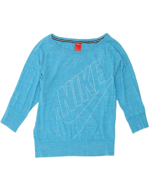 NIKE Womens Graphic Sweatshirt Jumper UK 14 Medium Blue Flecked Cotton Hoodie with Ribbed Cuffs Snug Fit Comfort