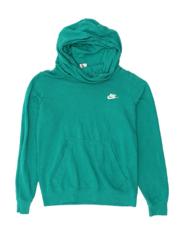 NIKE Womens Hoodie Jumper UK 14 Medium Green Cotton Hoodie with Exposed Zipper Edgy Industrial