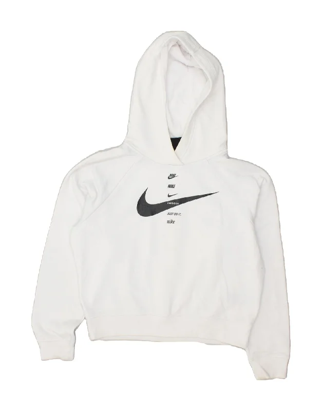 NIKE Womens Oversized Crop Graphic Hoodie Jumper UK 6 XS White Polyester Hoodie with Hem Drawcord Adjustable Customizable