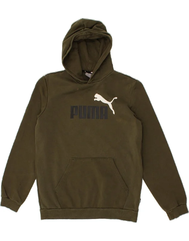 PUMA Boys Graphic Hoodie Jumper 15-16 Years Khaki Cotton Hoodie with Hem Contrast Bold Stylish