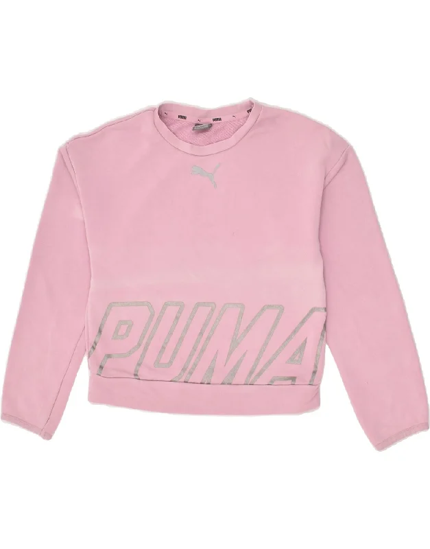 PUMA Girls Crop Graphic Sweatshirt Jumper 11-12 Years Purple Cotton Hoodie with Set-In Sleeves Structured Classic