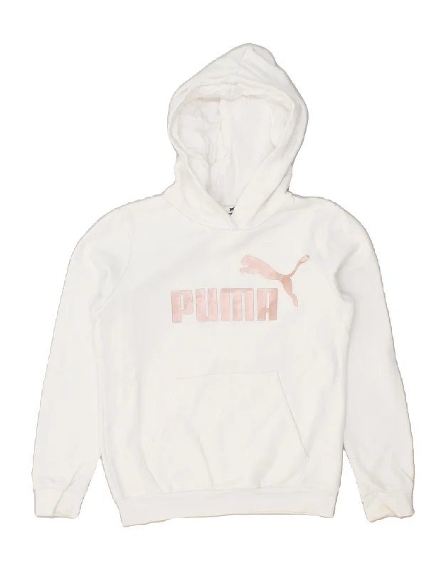 PUMA Girls Graphic Hoodie Jumper 11-12 Years Large White Cotton Hoodie Jacket Zipper Layering