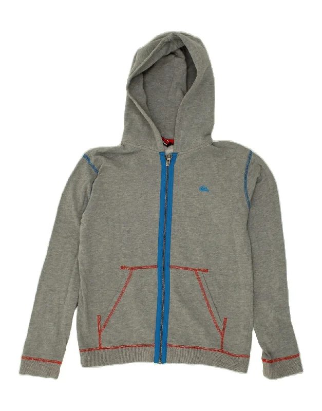 QUIKSILVER Boys Zip Hoodie Sweater 13-14 Years Grey Cotton Hoodie with Side Slits Relaxed Casual