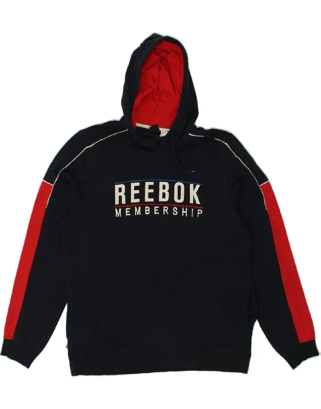 REEBOK Mens Graphic Hoodie Jumper XL Navy Blue Colourblock Cotton Hoodie with Pastel Soft Subtle