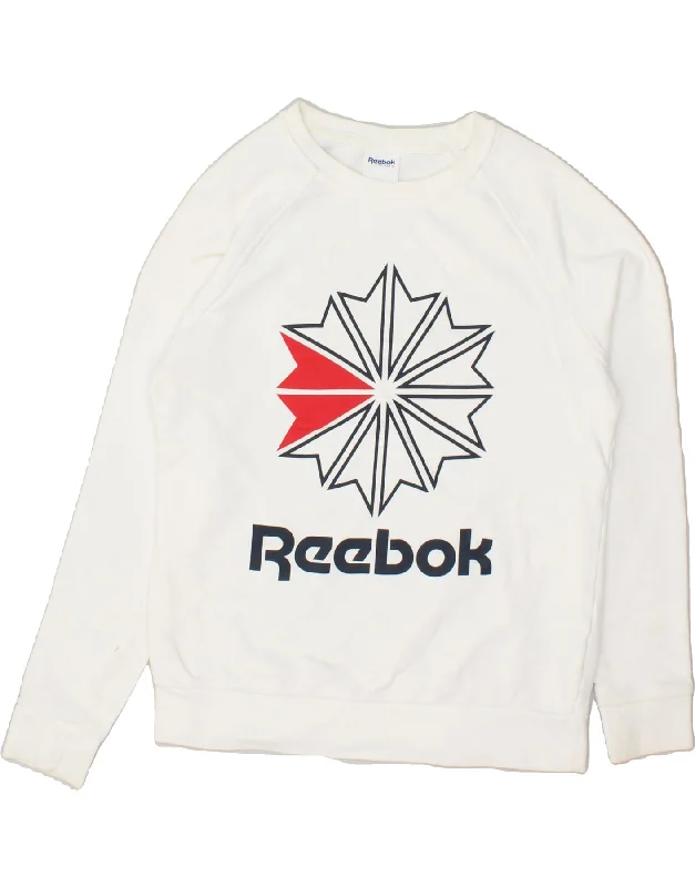 REEBOK Womens Graphic Sweatshirt Jumper UK 12/14 Medium White Cotton Hoodie with Emblem Brand Identity