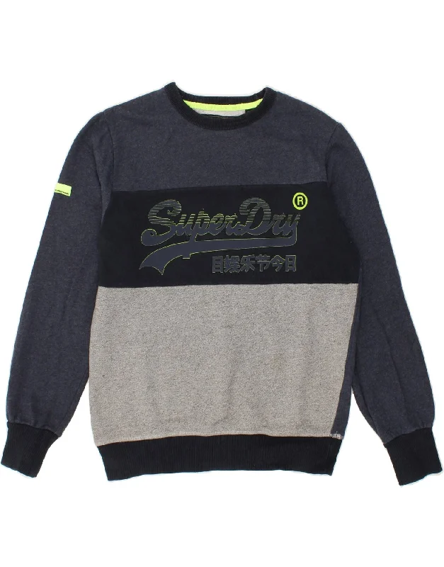 SUPERDRY Mens Graphic Sweatshirt Jumper Medium Navy Blue Colourblock Hoodie with Gradient Ombre Colorful