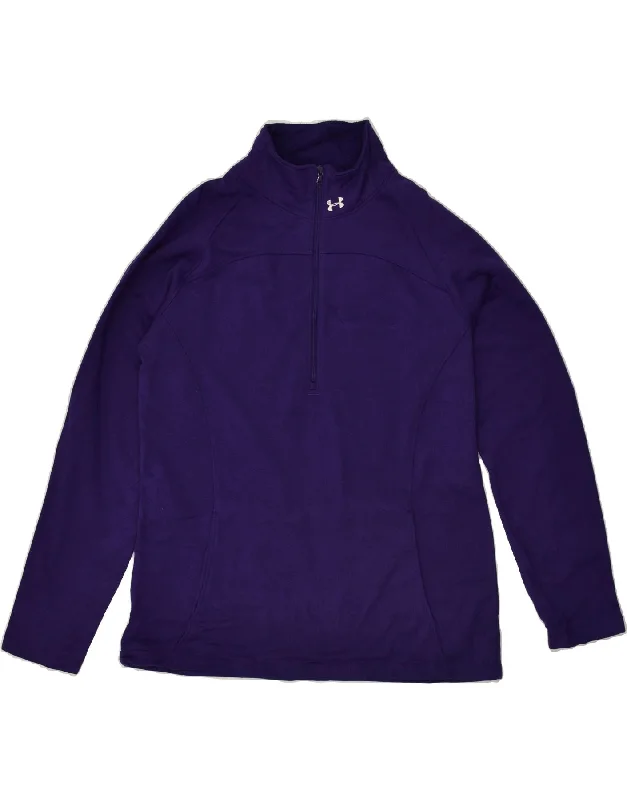 UNDER ARMOUR Womens Zip Neck Sweatshirt Jumper UK 16 Large Purple Hoodie with Applique Textured Unique