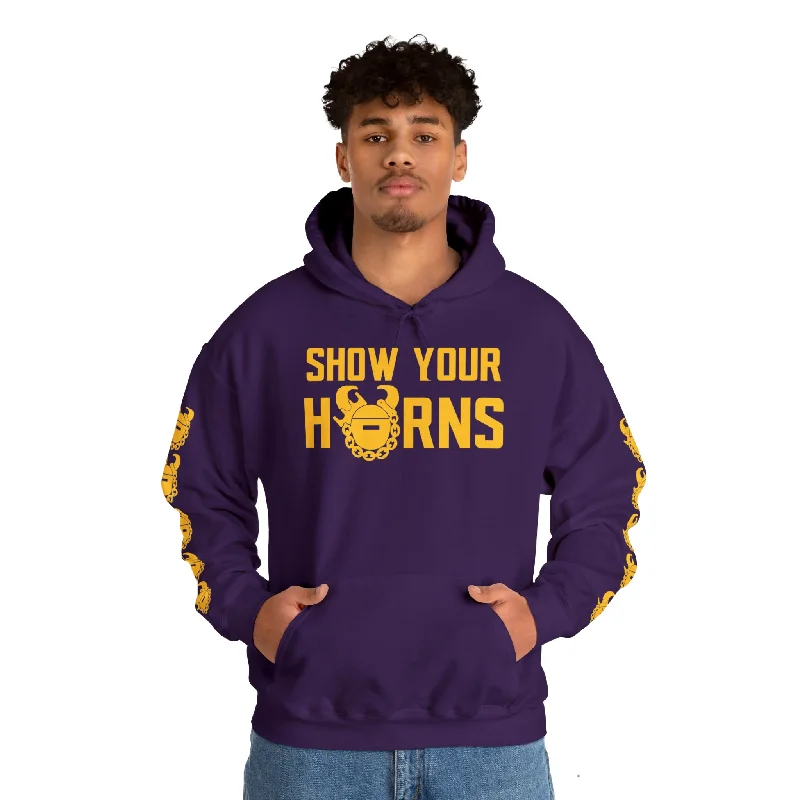 Unisex Heavy Blend™ Hooded Sweatshirt - Show Your Horns + Game Day Helmet (Sleeves) Hoodie with High Neck Warm Protective