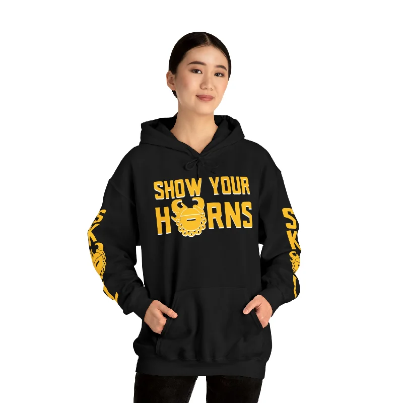 Unisex Heavy Blend™ Hooded Sweatshirt - Show Your Horns + Original (Sleeves) Graphic Hoodie Design Print