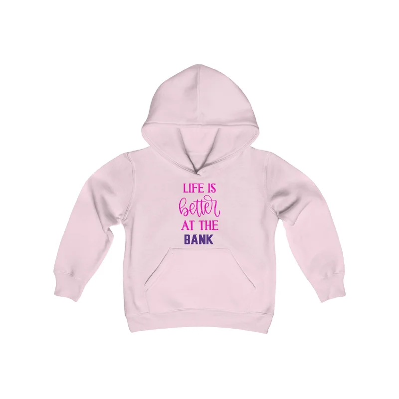 Youth Heavy Blend Hoodie - Life is Better at the BANK Hoodie with Hem Embroidery Detailed Premium