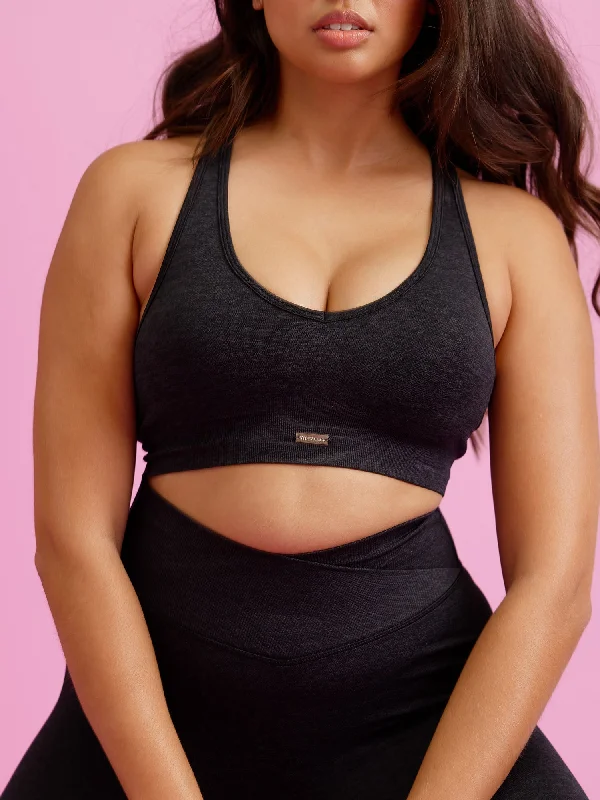 Focus Seamless Sports Bra - Black Marl Lace-Trimmed Bra