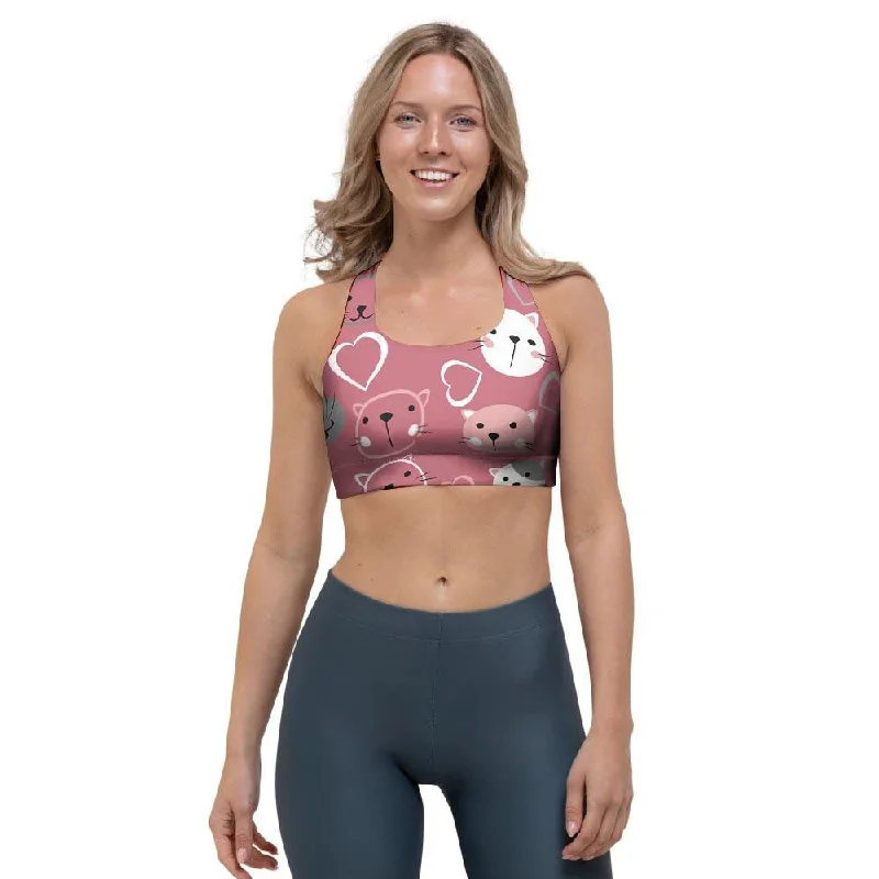 Pink Cat Face Print Sports Bra Smooth Fit Bra