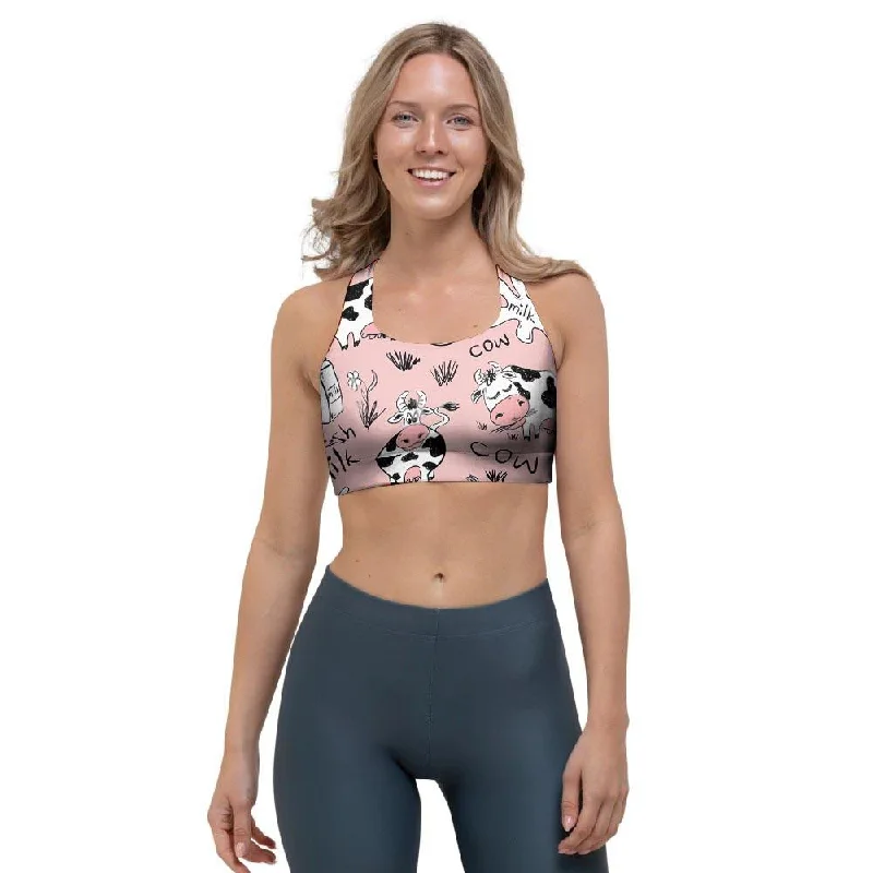 Pink Cow And Milk Print Sports Bra Soft Lace Bra